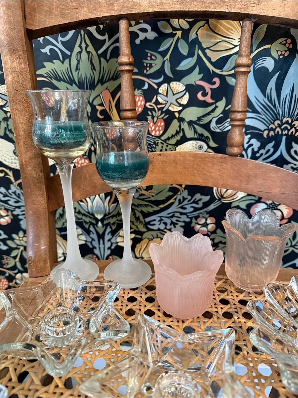 Vignette of 11 Vintage Candle Holders, Fostoria, Party Lite, KIG, Hazel Atlas